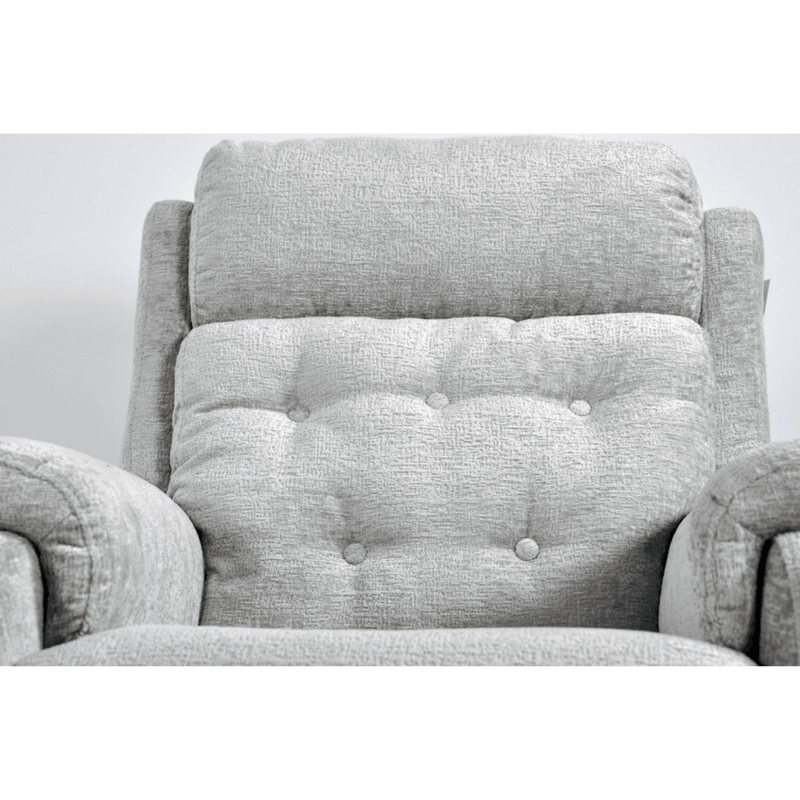Gray upholstered chair with tufted backrest on a white background