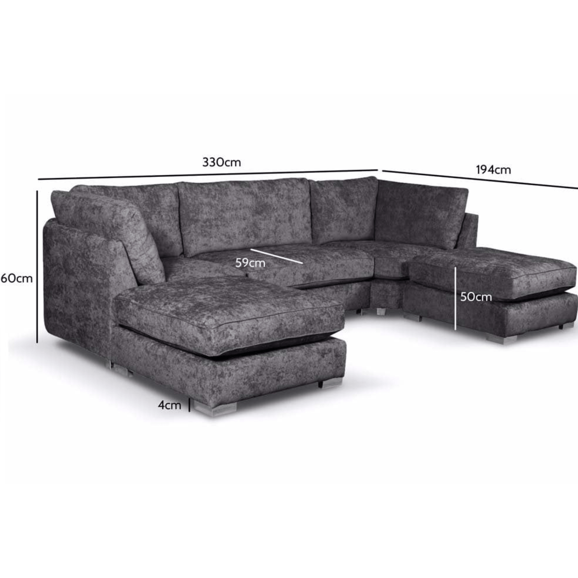 Gray sectional sofa with dimensions marked on a white background