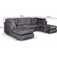 Gray sectional sofa with dimensions marked on a white background