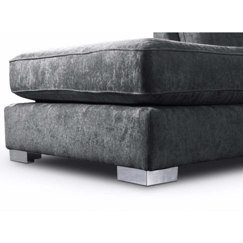 Gray upholstered ottoman with metal legs on a white background