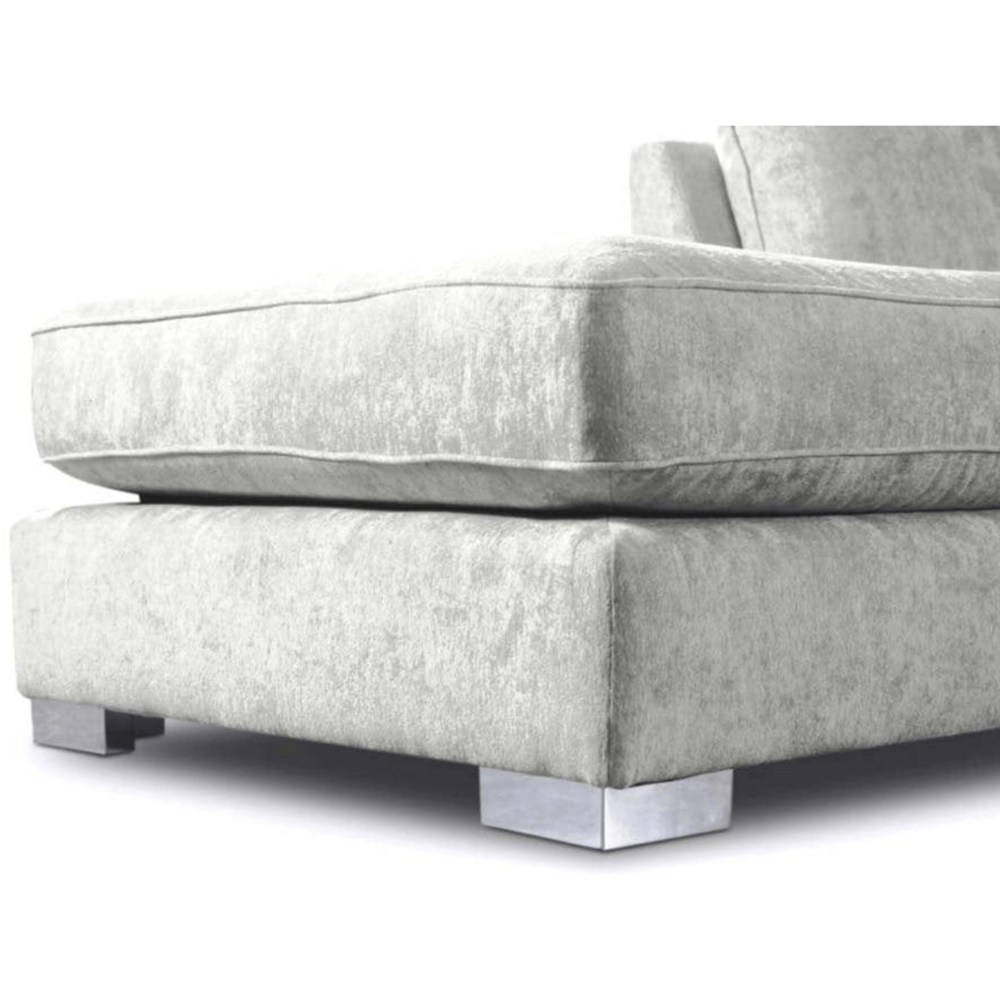 Gray fabric sofa with chrome legs on a white background