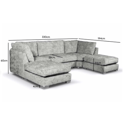 Gray sectional sofa with dimensions labeled on a white background