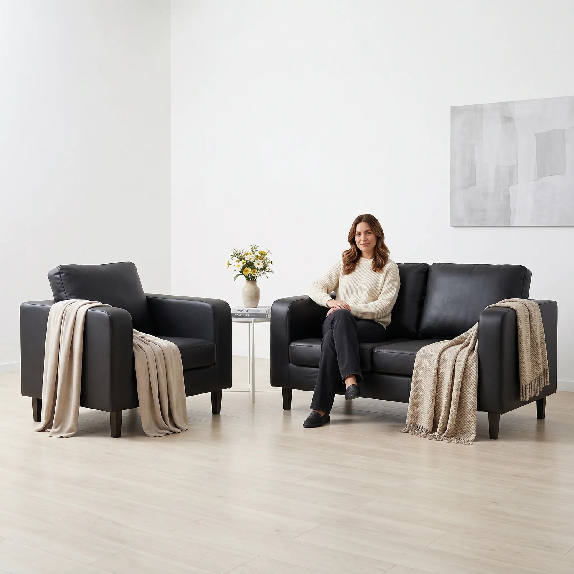 Box Black Leather 2+1 Seater Sofa Set - view 3 - Furniture Instore