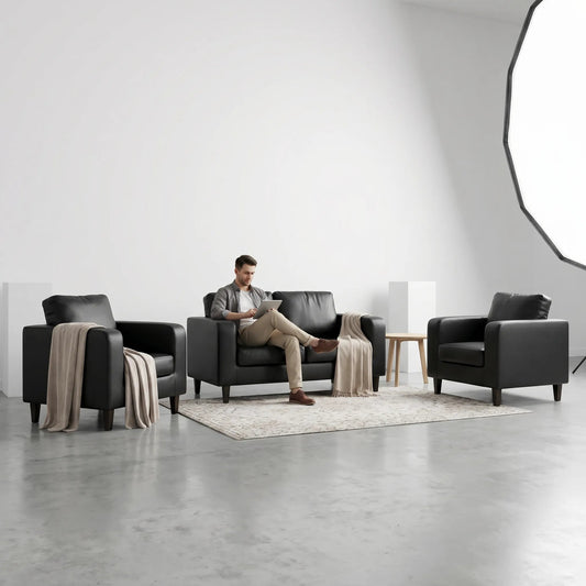 Box Black Leather 2+1+1 Seater Sofa Set - view 2 - Furniture Instore