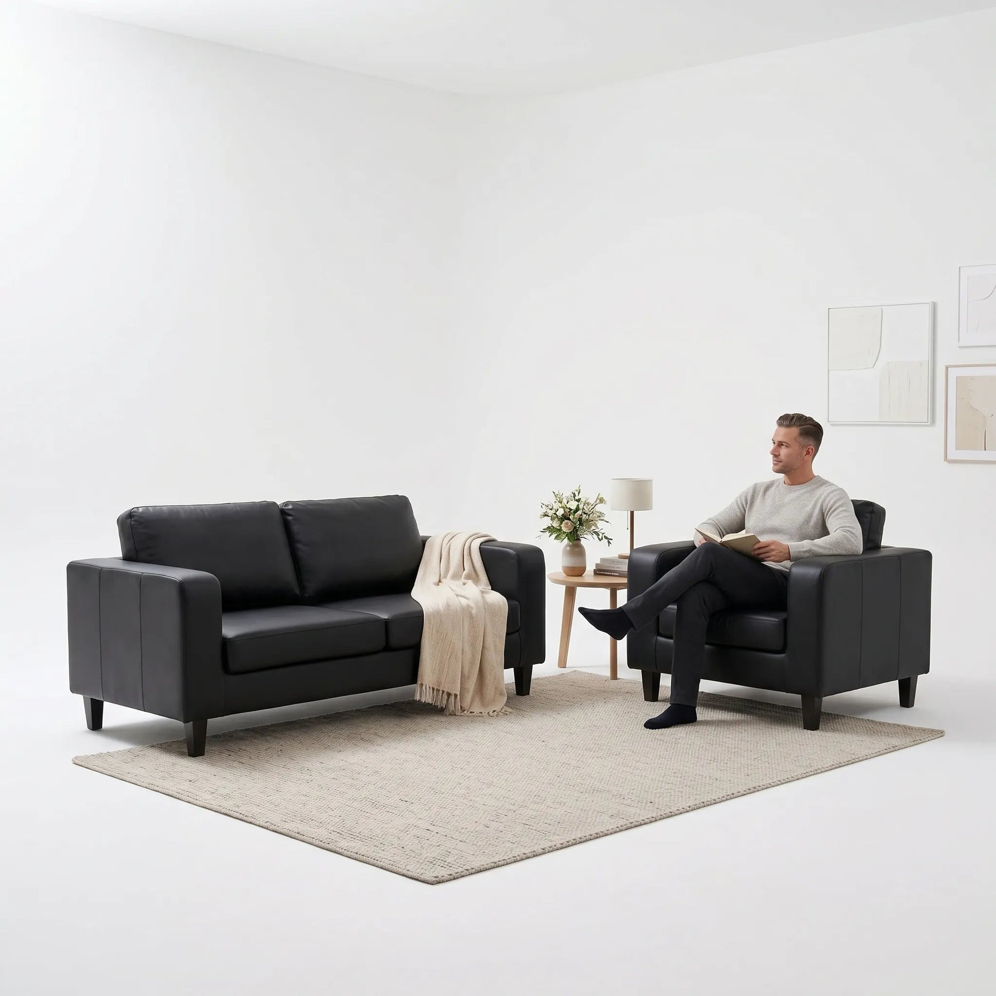 Box Black Leather 3+1 Seater Sofa Set - view 3 - Furniture Instore