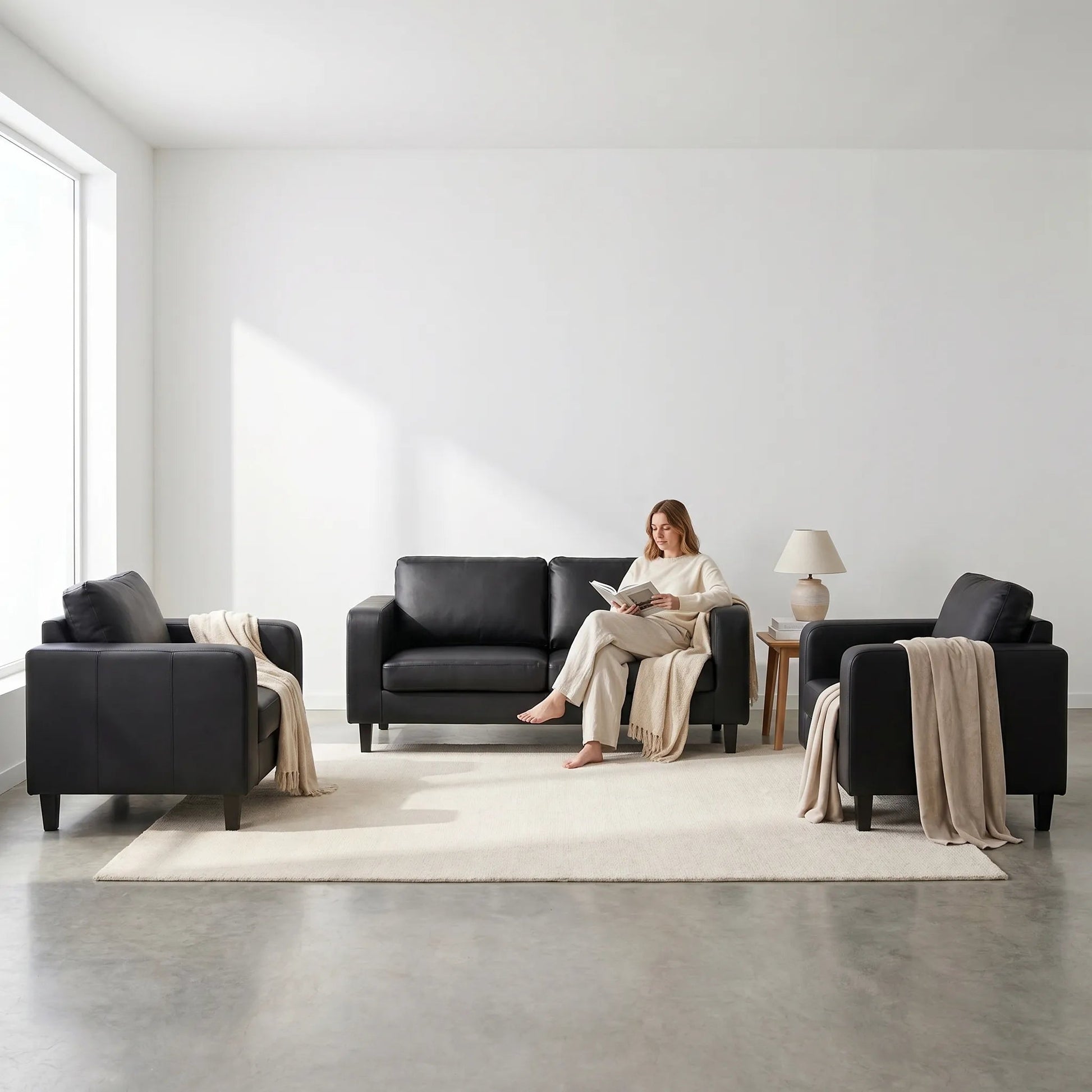 Box Black Leather 3+1+1 Seater Sofa Set - view 3 - Furniture Instore
