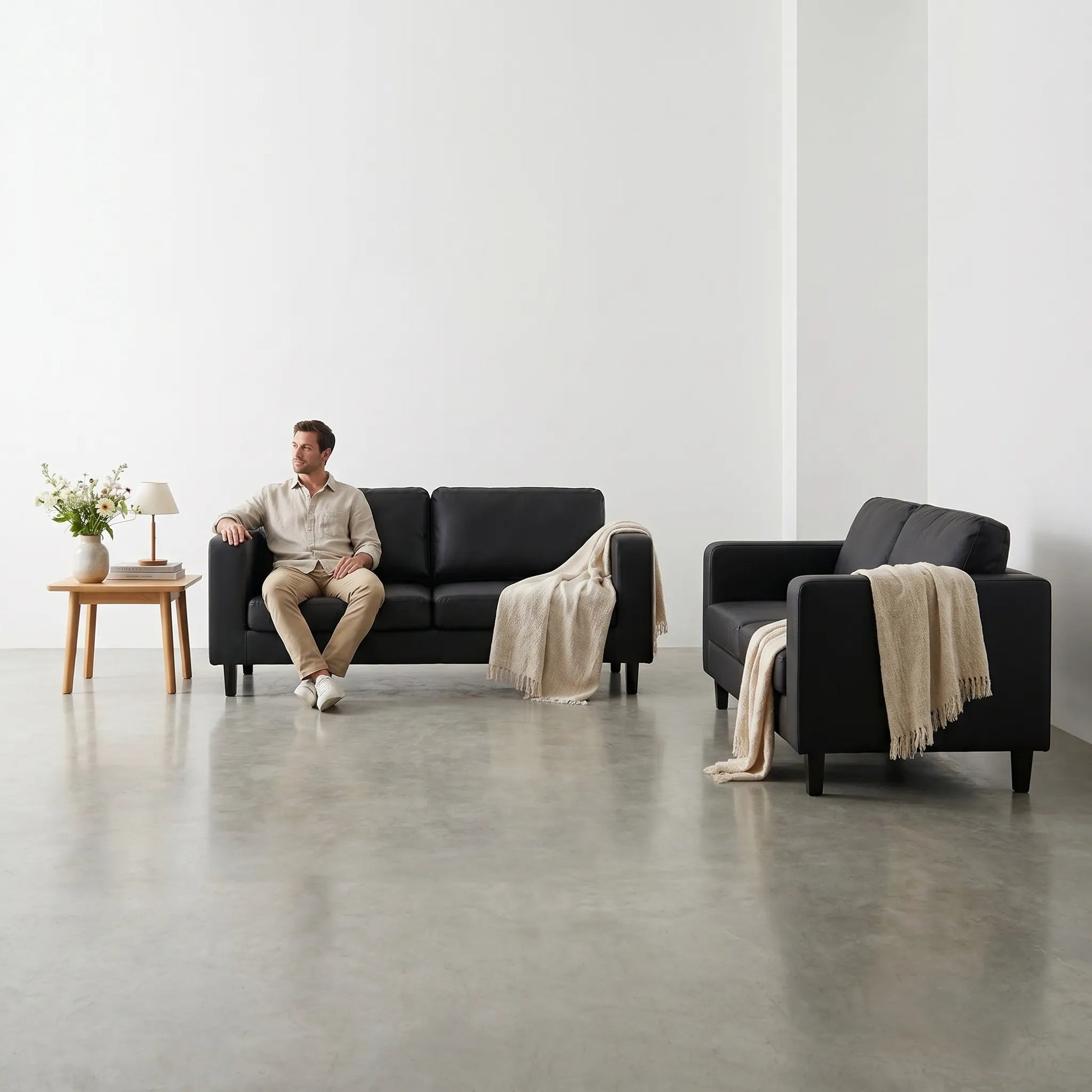 Box Black Leather 3+2 Seater Sofa Set - view 4 - Furniture Instore