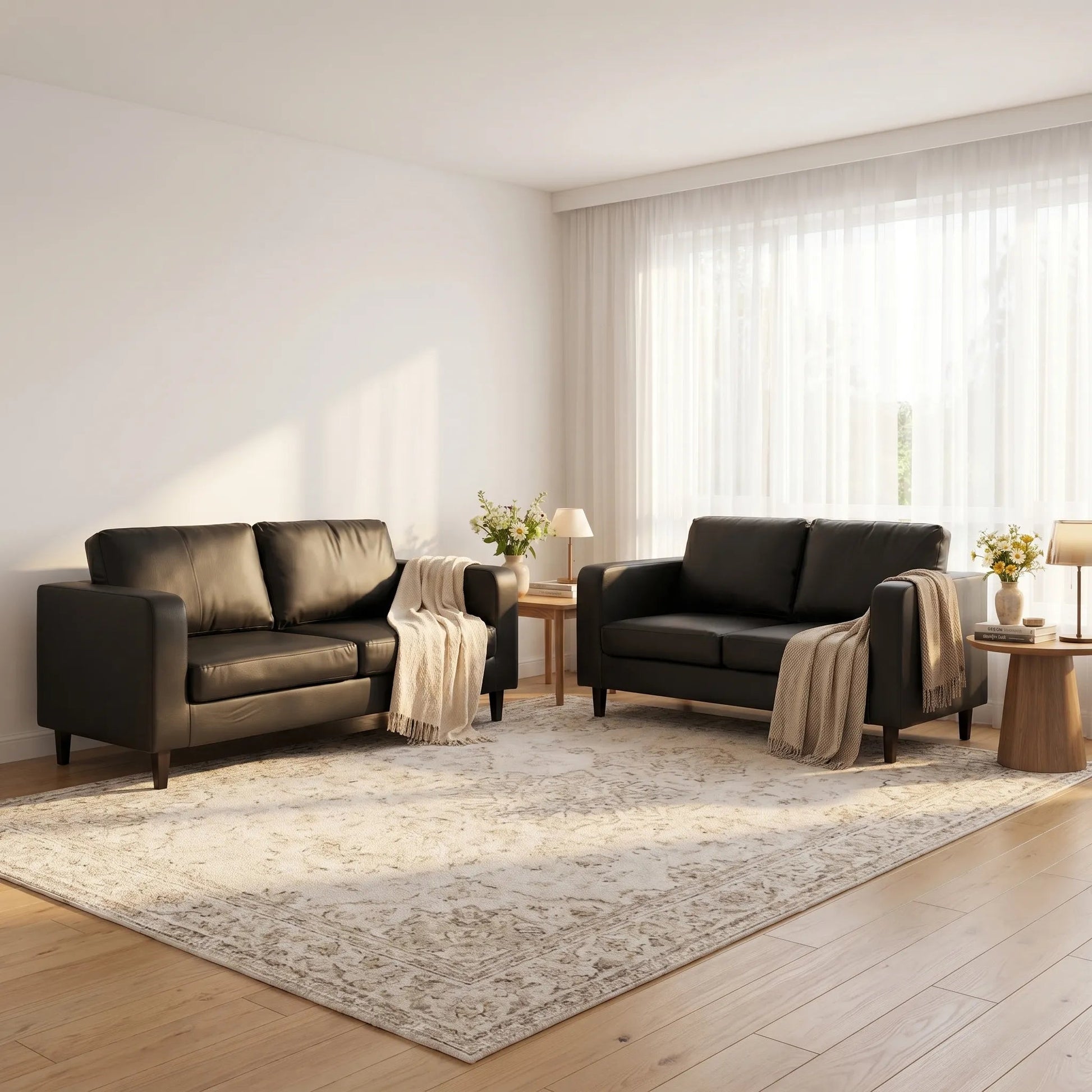 Box Black Leather 3+2 Seater Sofa Set - view 3 - Furniture Instore