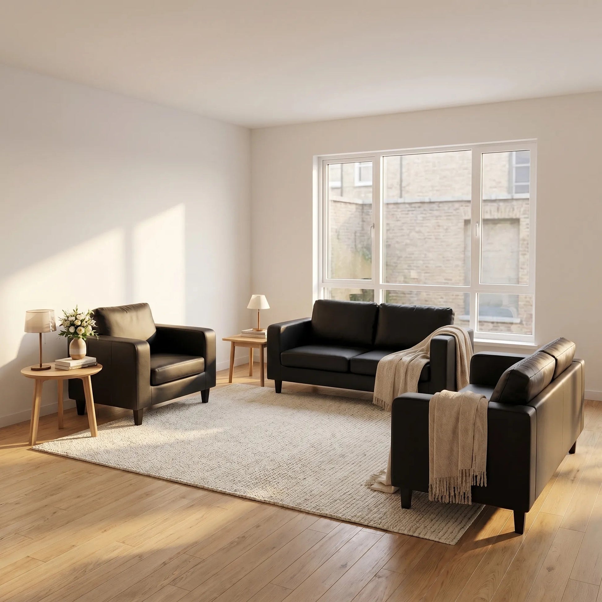 Box Black Leather 3+2+1 Seater Sofa Set - view 2 - Furniture Instore