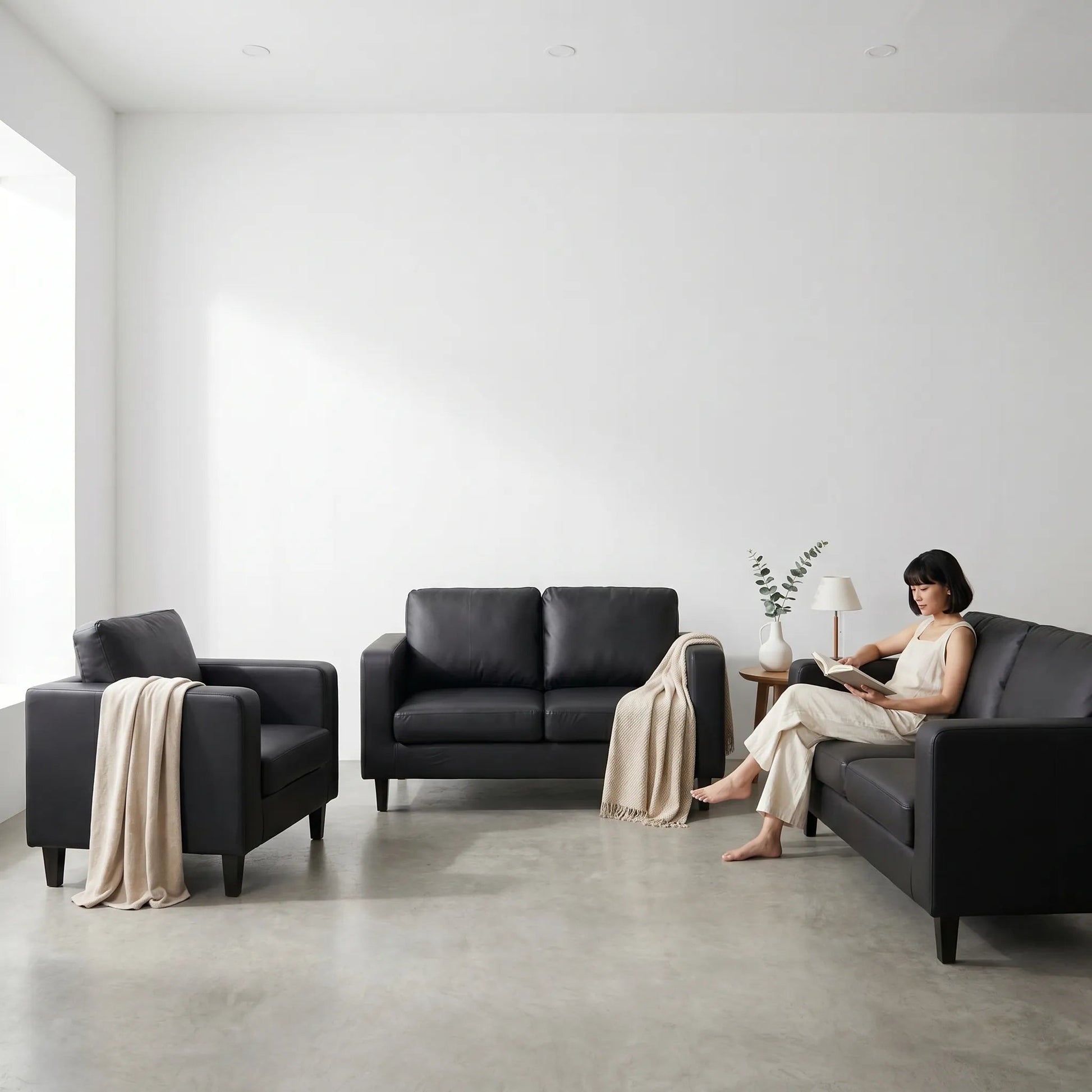 Box Black Leather 3+2+1 Seater Sofa Set - view 3 - Furniture Instore