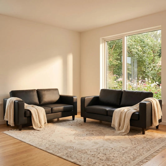 Box Black Leather 3+3 Seater Sofa Set - view 3 - Furniture Instore