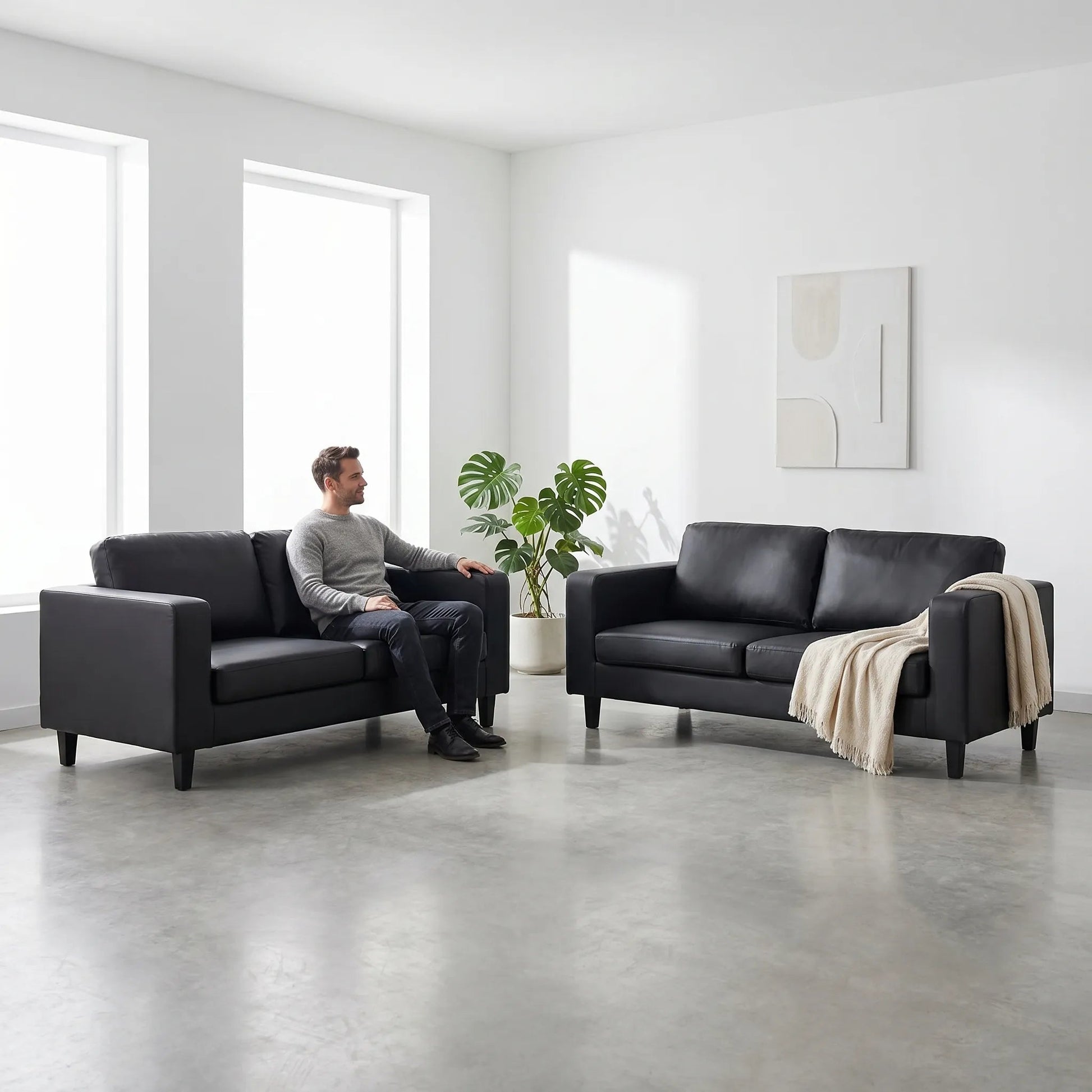 Box Black Leather 3+3 Seater Sofa Set - view 5 - Furniture Instore