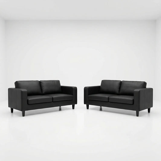 Box Black Leather 3+3 Seater Sofa Set - view 2 - Furniture Instore