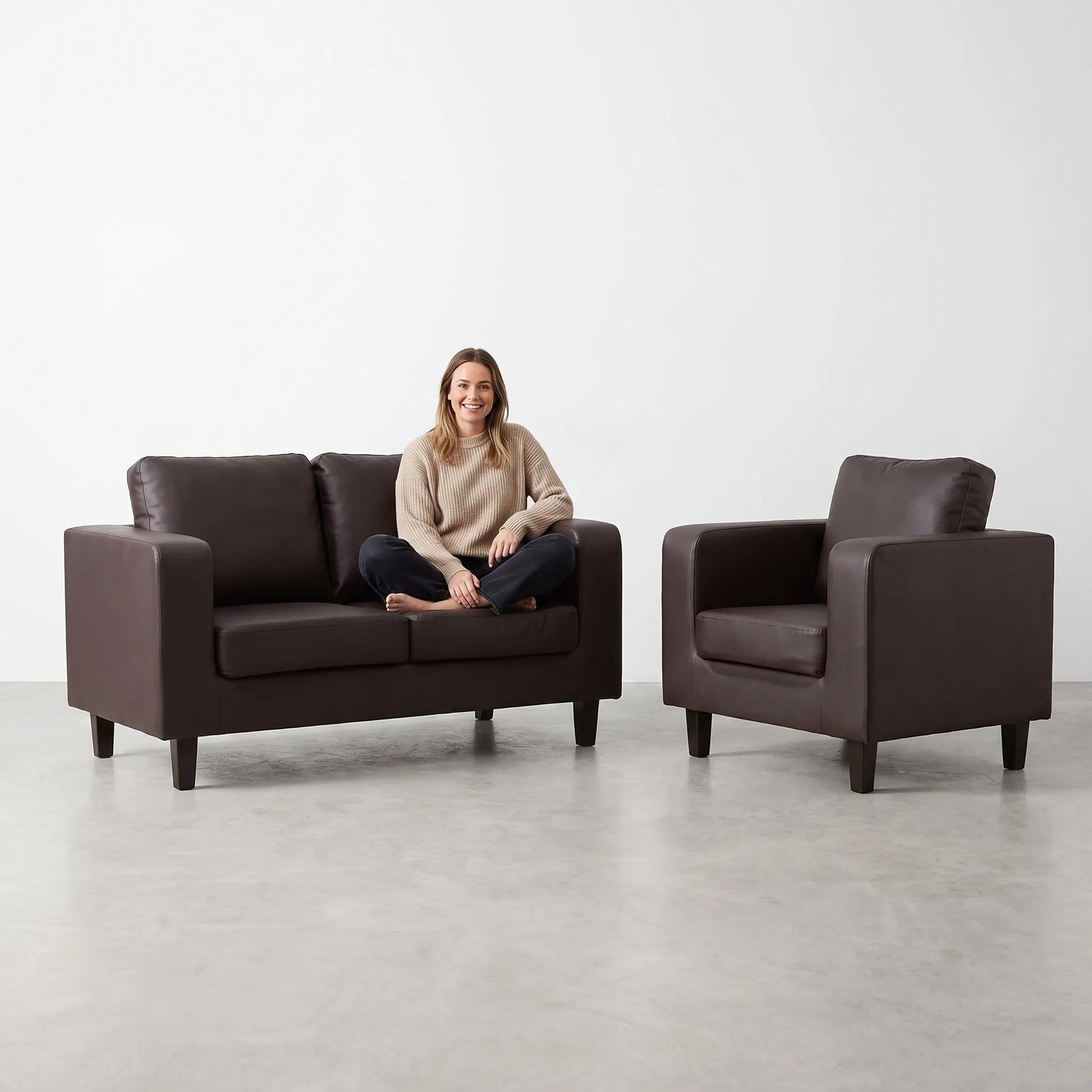 Box Brown Leather 2+1 Seater Sofa Set - view 3 - Furniture Instore