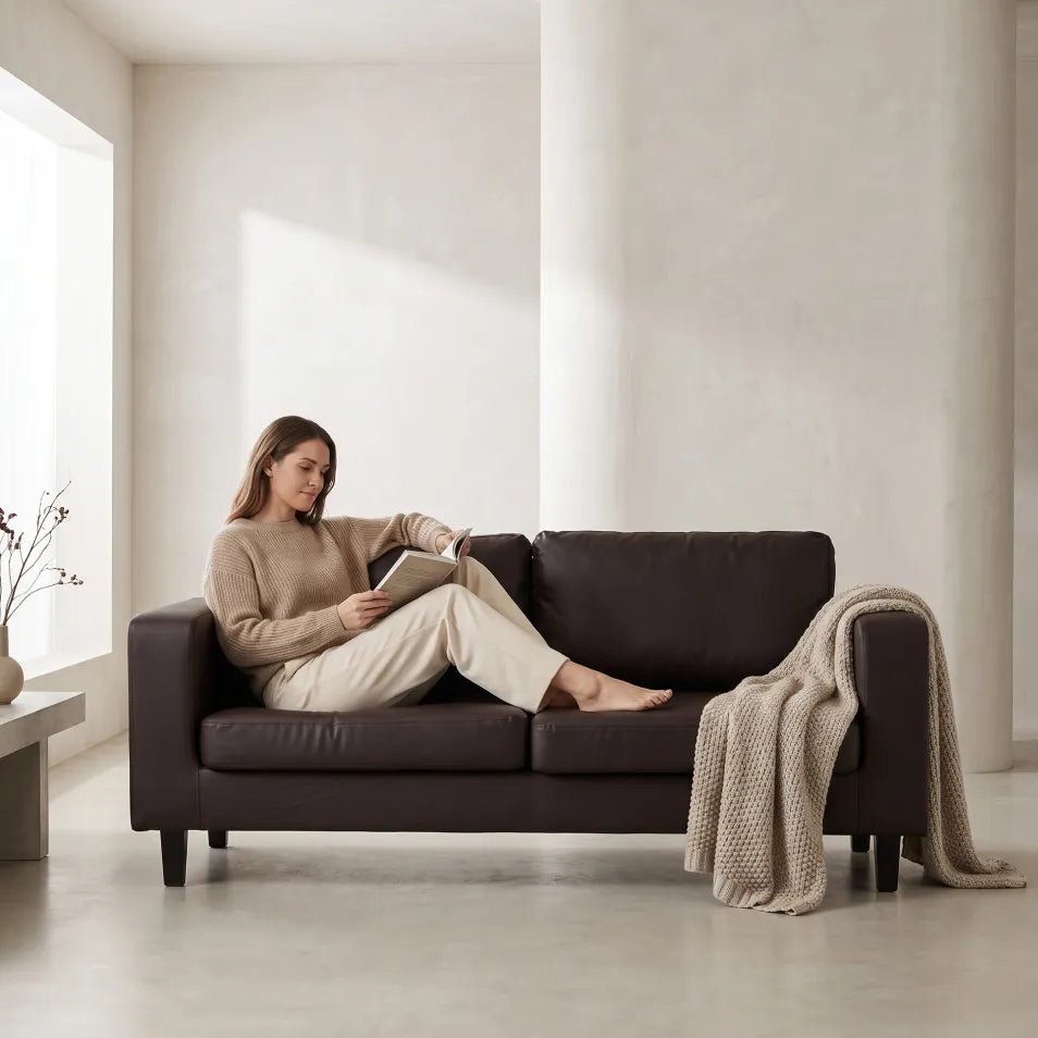 Box Brown Leather 3 Seater Sofa - view 2 - Furniture Instore