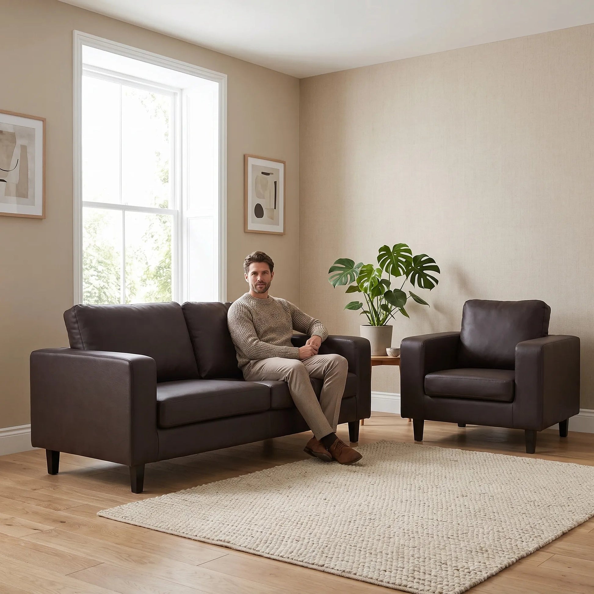 Box Brown Leather 3+1 Seater Sofa Set - view 5 - Furniture Instore