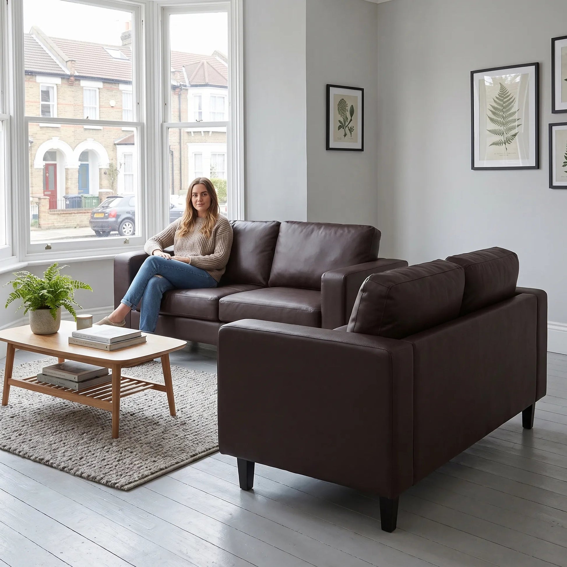Box Brown Leather 3+2 Seater Sofa Set - view 5 - Furniture Instore
