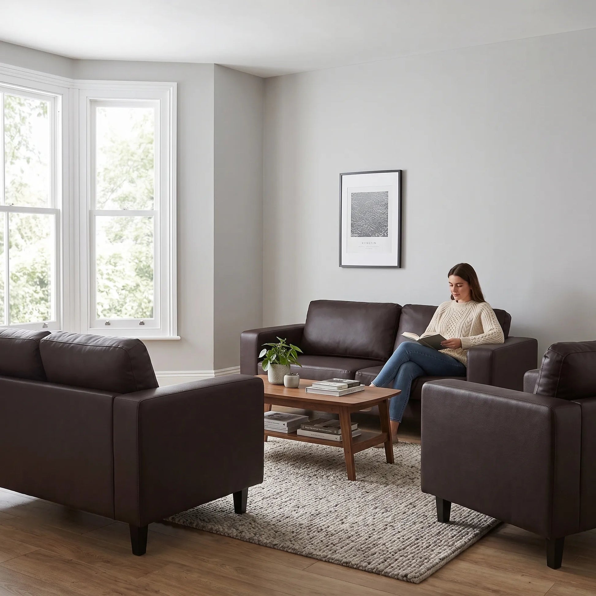 Box Brown Leather 3+2+1 Seater Sofa Set - view 5 - Furniture Instore