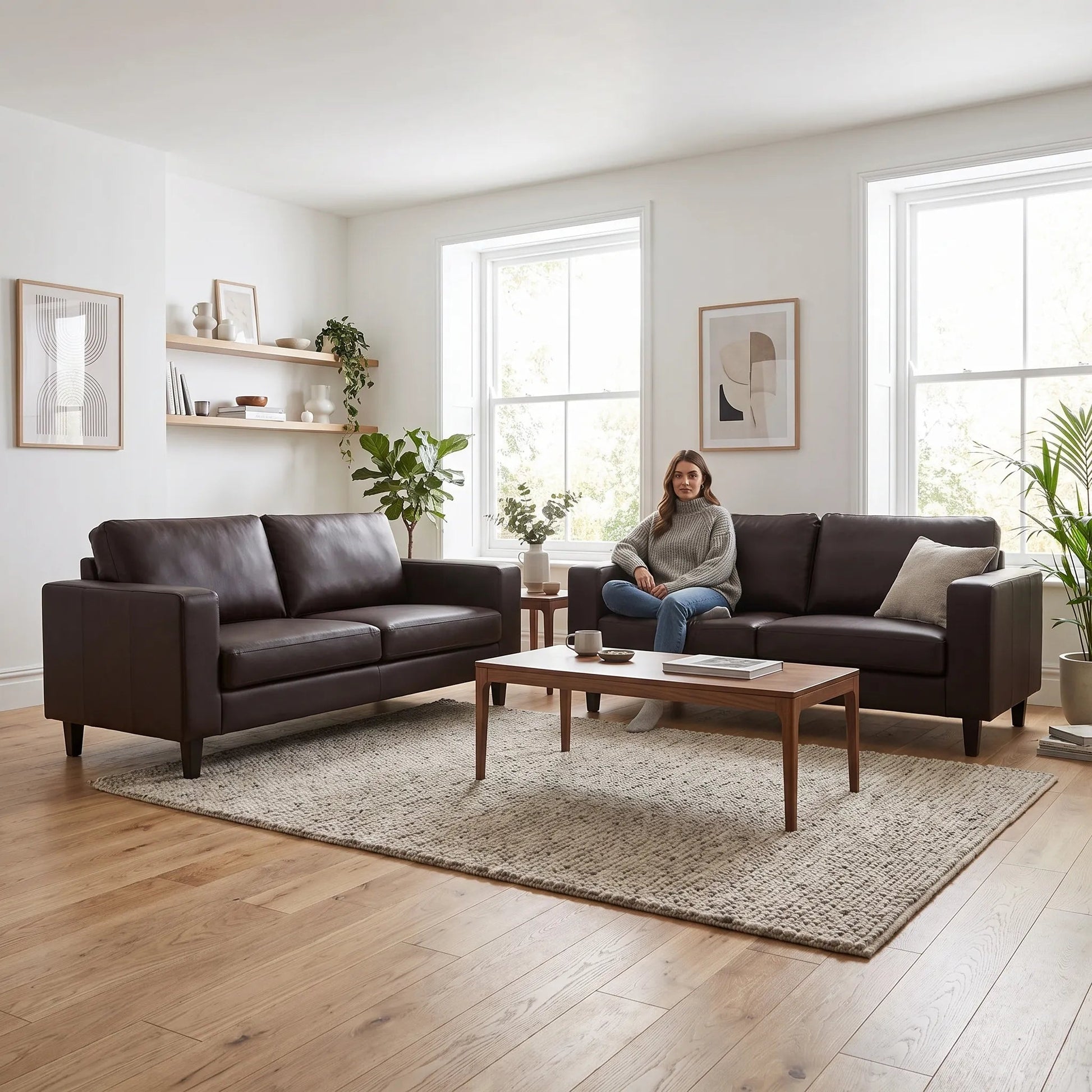 Box Brown Leather 3+3 Seater Sofa Set - view 3 - Furniture Instore