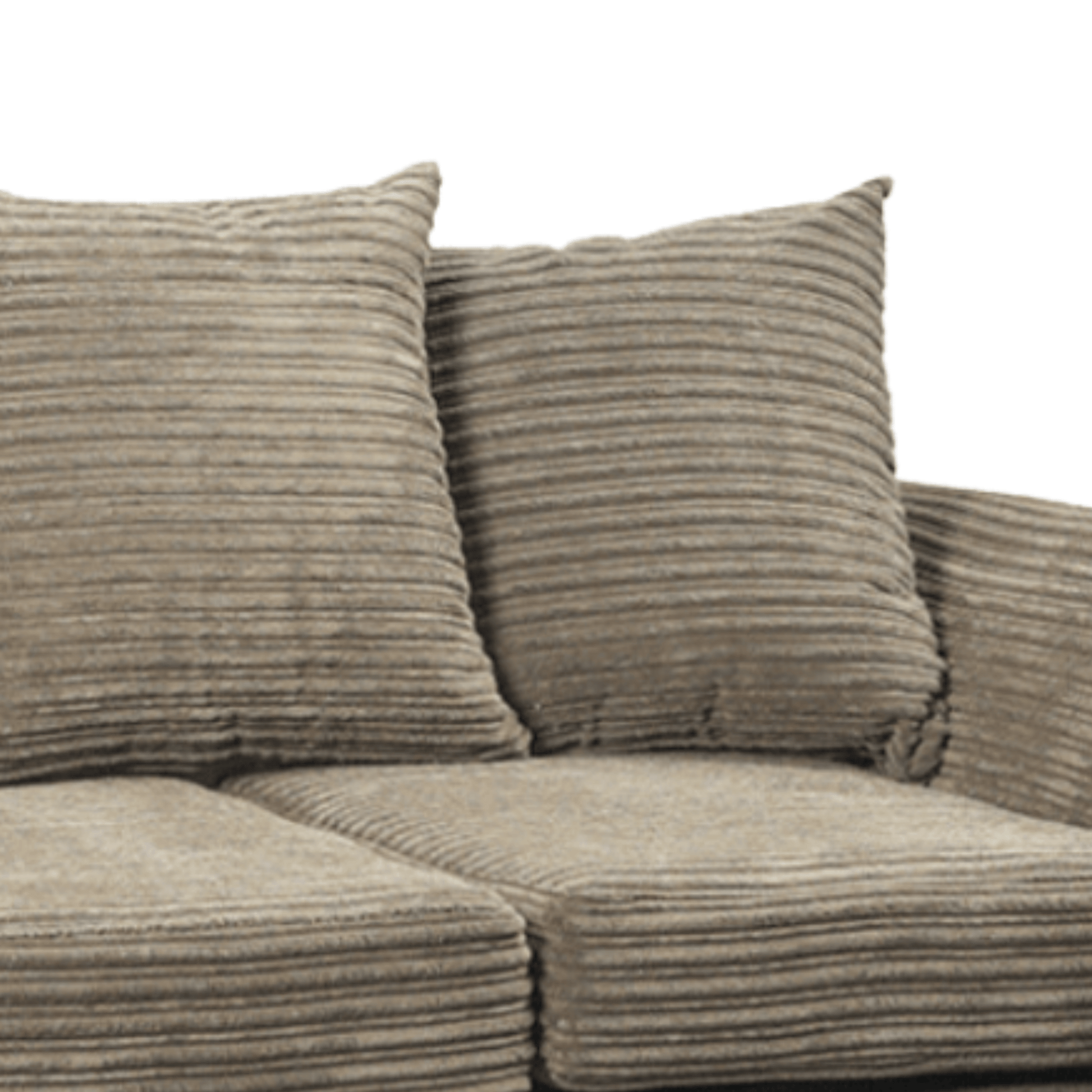 Gray textured sofa with two matching cushions on a white background