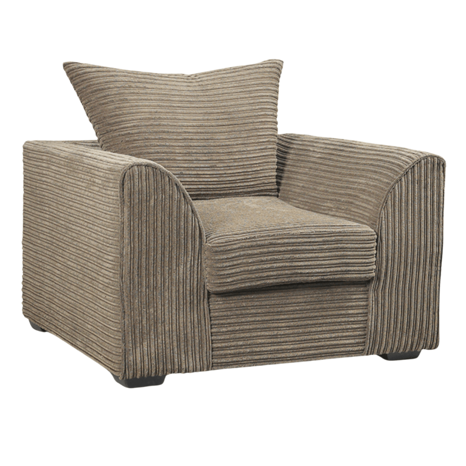 Byron Caramel Armchair front facing on white background, modern caramel fabric chair with soft upholstery and sleek design