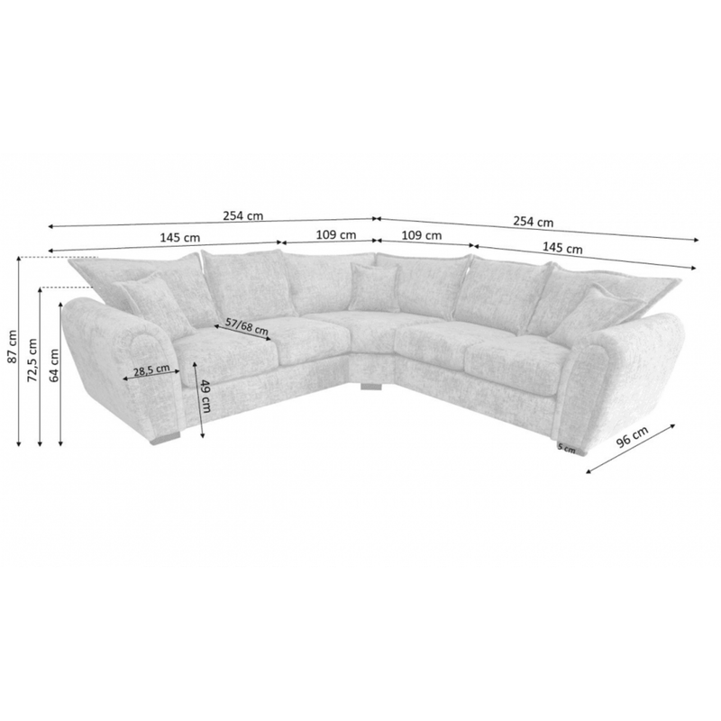 Gray sectional sofa with dimensions on a white background