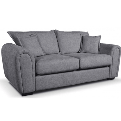 Gray sofa with four cushions on a white background