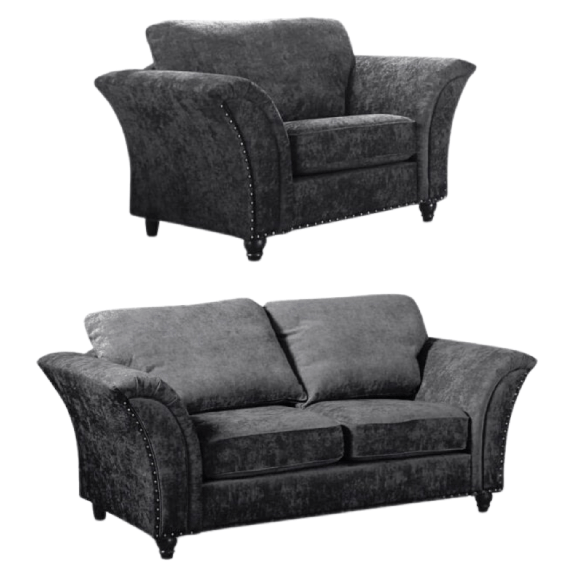 Two gray upholstered chairs on a white background