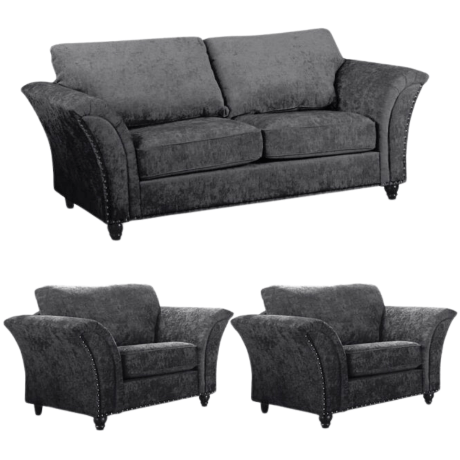 Gray sofa set with a three-seater sofa and two armchairs on a white background