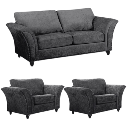 Gray sofa set with a three-seater sofa and two armchairs on a white background