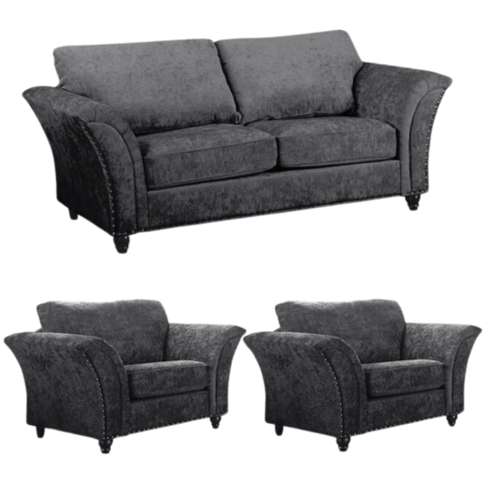 Gray sofa set with a three-seater sofa and two armchairs on a white background