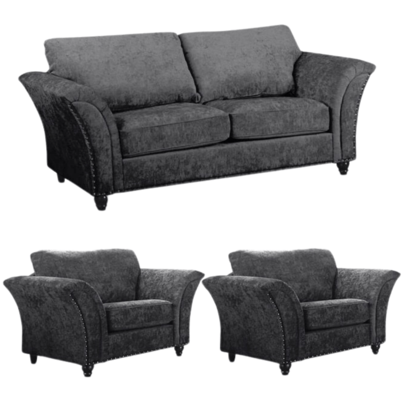 Gray sofa set with a three-seater sofa and two armchairs on a white background