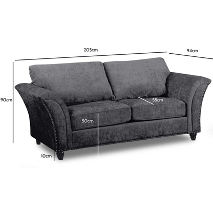 Gray sofa with dimensions marked on a white background