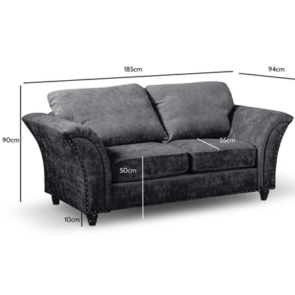 Gray sofa with dimensions marked on a white background