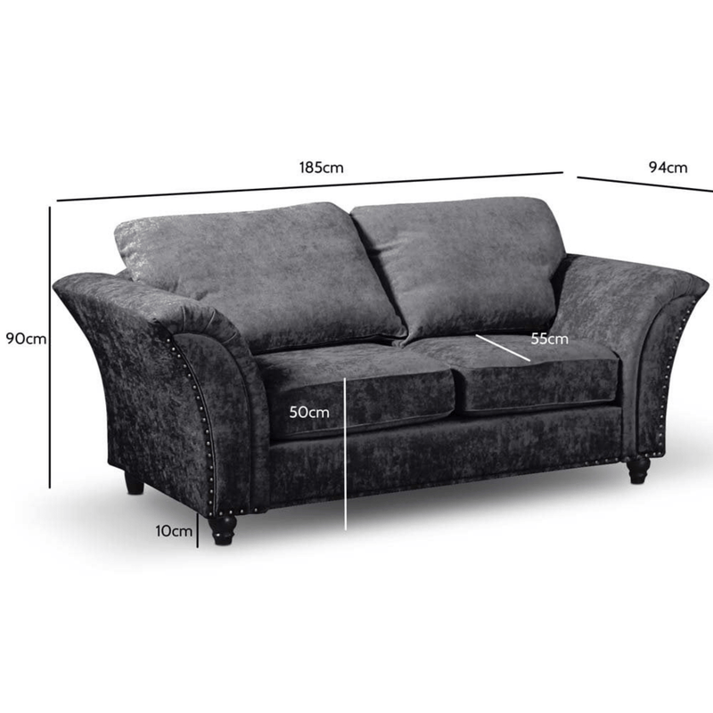 Gray sofa with dimensions marked on a white background