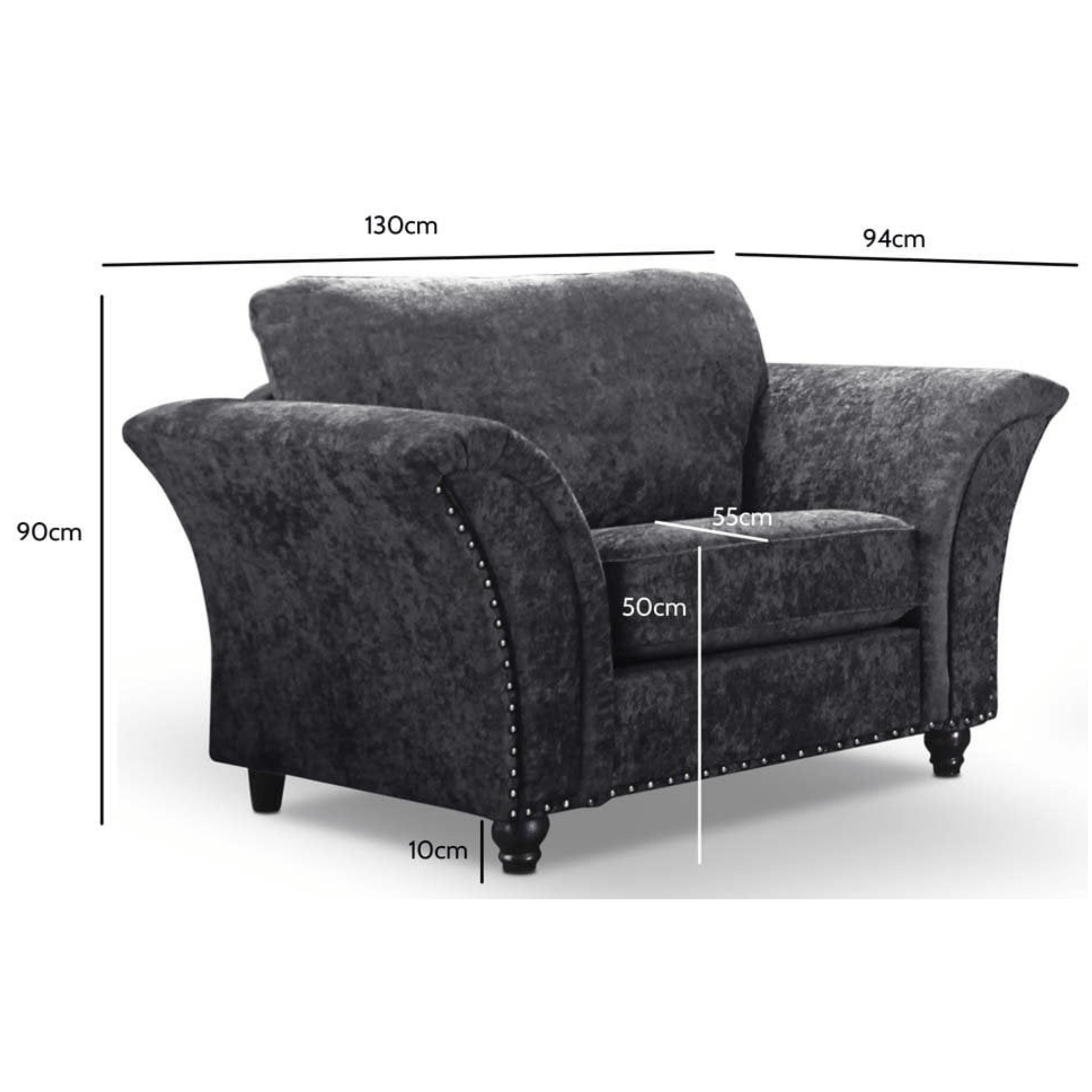 Gray sofa with dimensions labeled on a white background