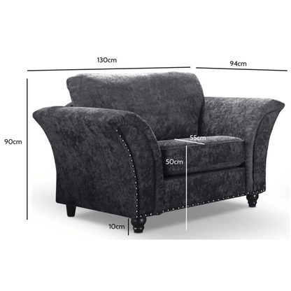 Gray sofa with dimensions labeled on a white background