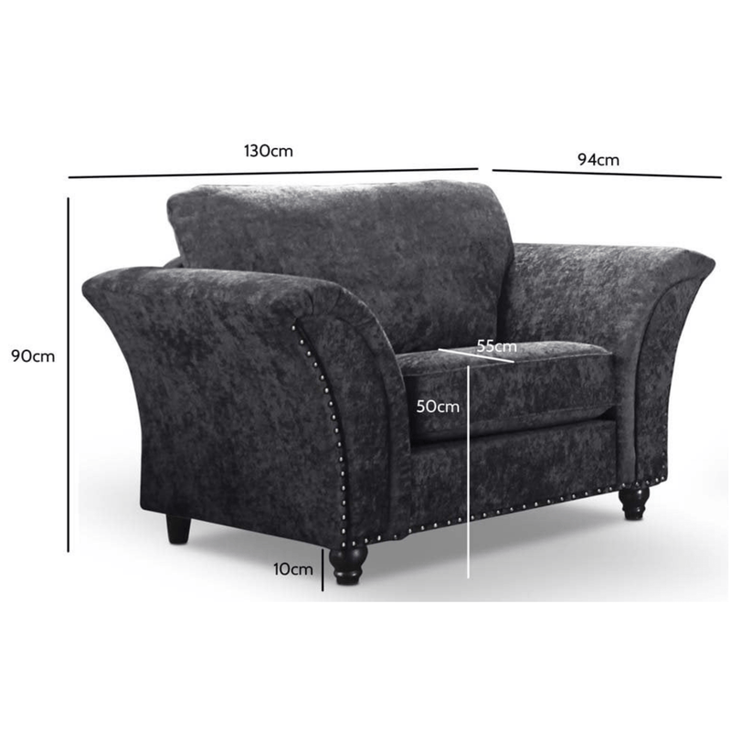 Gray sofa with dimensions labeled on a white background