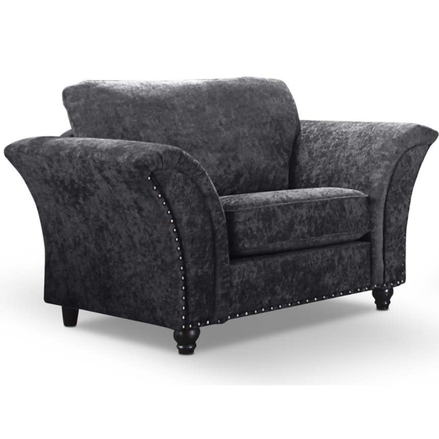 Gray upholstered armchair with nailhead trim on a white background