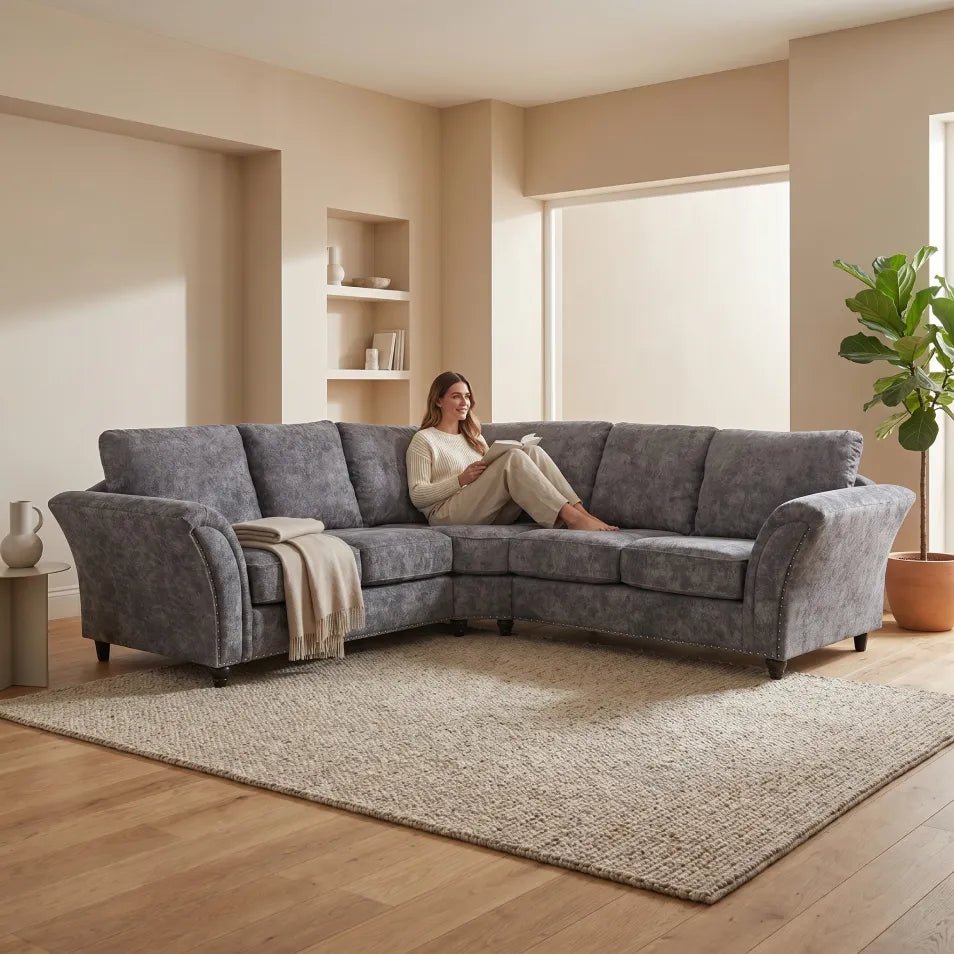 Canterbury Grey Fabric High Back Corner Sofa - Furniture Instore