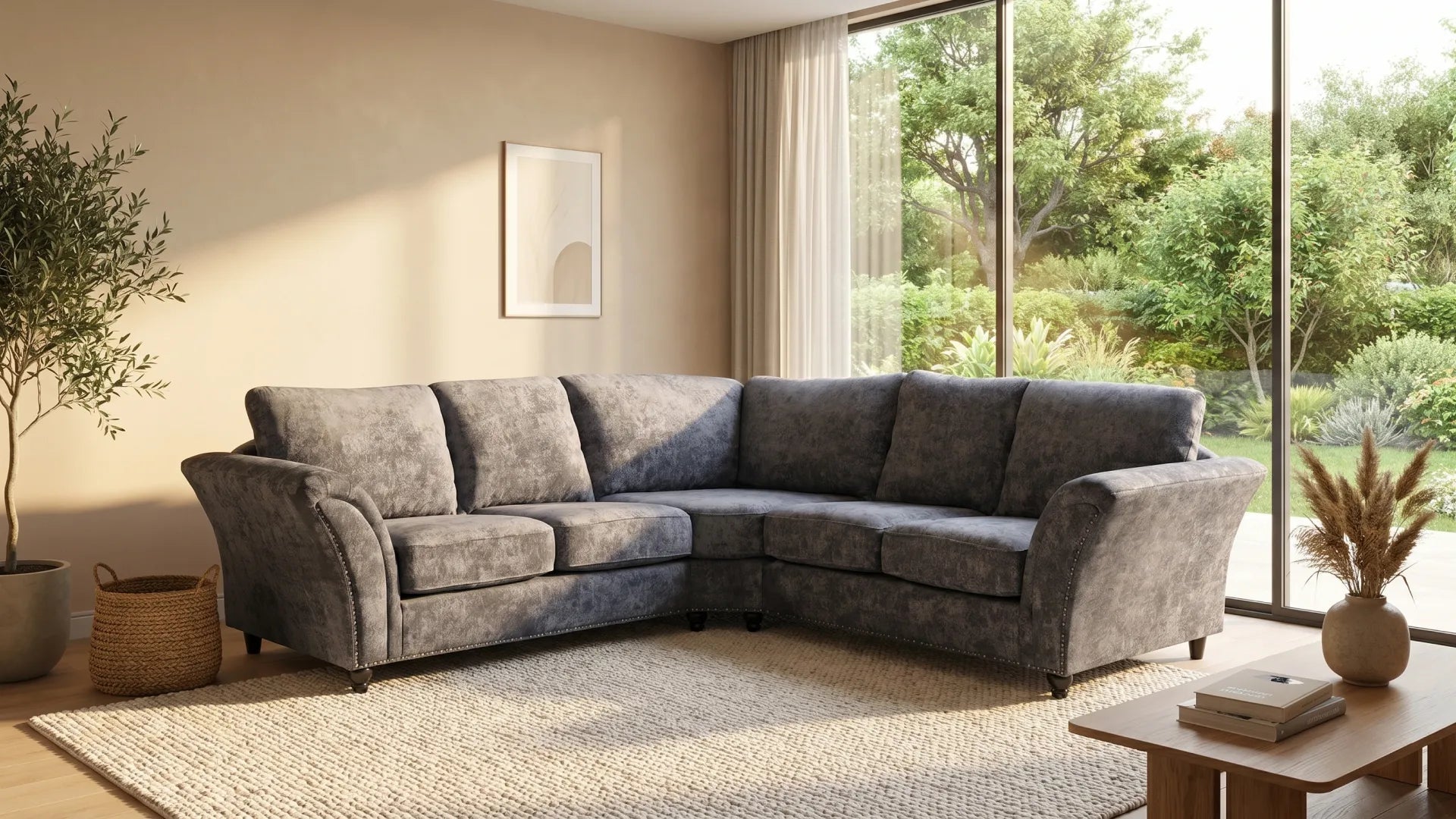 Canterbury Grey Fabric High Back Corner Sofa - Furniture Instore