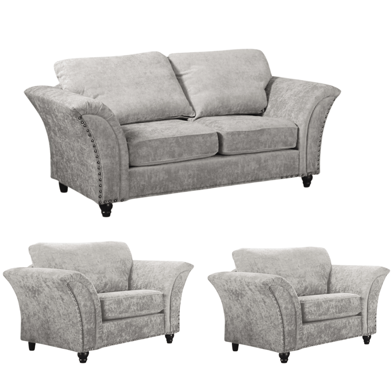 Gray sofa set with two armchairs on a white background