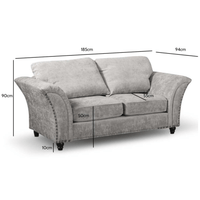truffle 2 seater sofa labelled with dimensions on a white background.