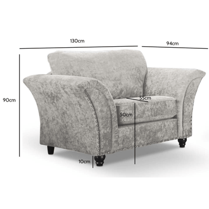 Gray armchair with dimensions marked on a white background