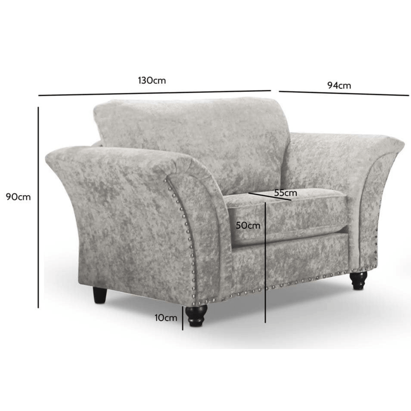 Gray armchair with dimensions marked on a white background