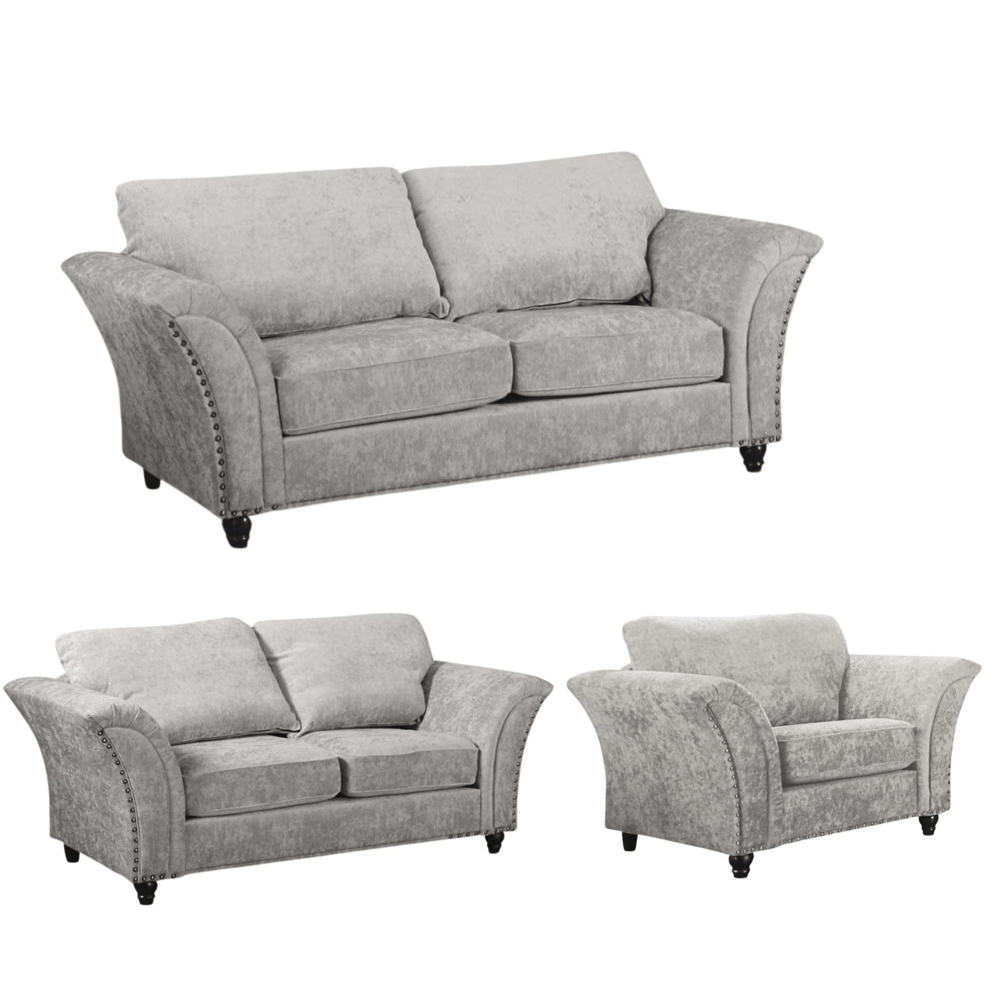 Gray sofa set with two loveseats and a chair on a white background