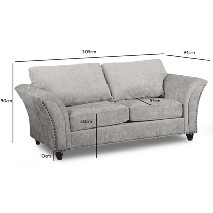 Gray sofa with dimensions labeled on a white background