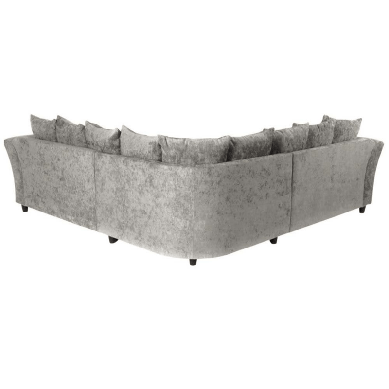 Gray sectional sofa with multiple cushions on a white background