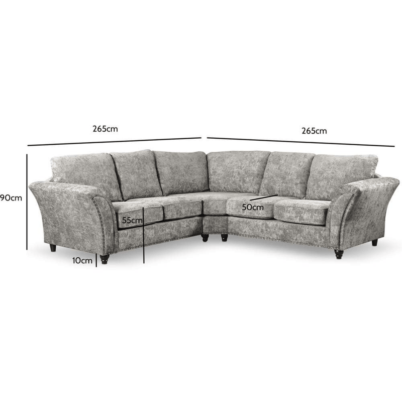 Gray sectional sofa with dimensions labeled on a white background