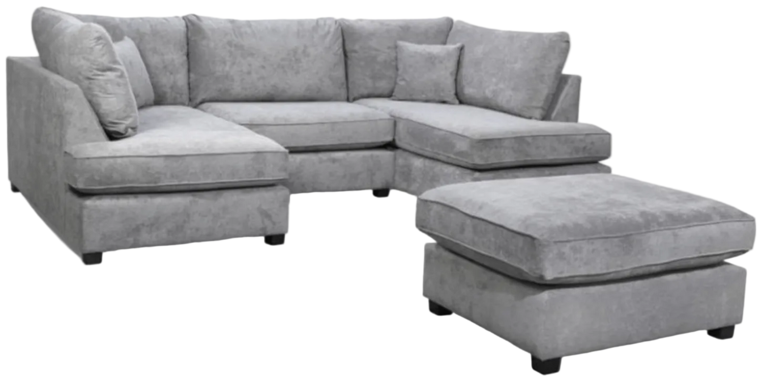 Gray sectional sofa with ottoman on a white background